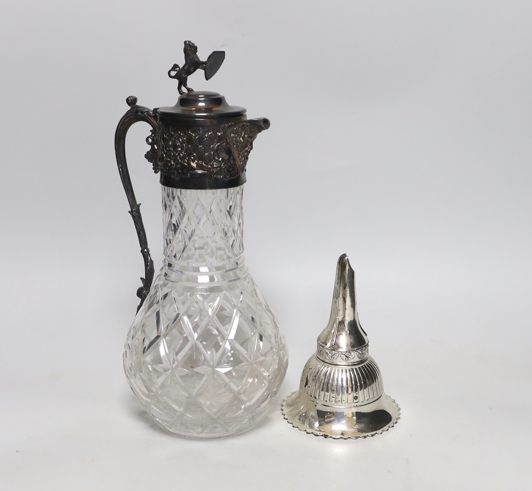 A plated claret jug and wine funnel, 31cm